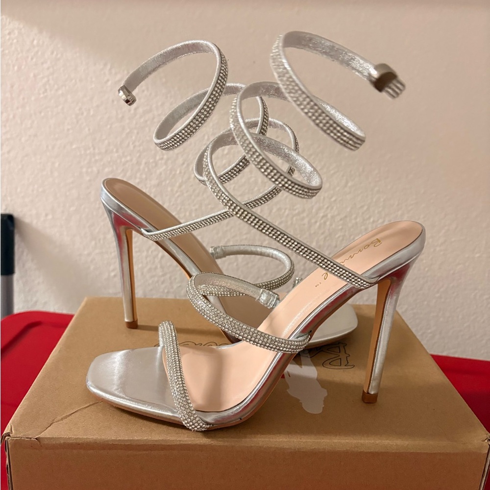 Silver Strappy Spiral High Heel Sandals